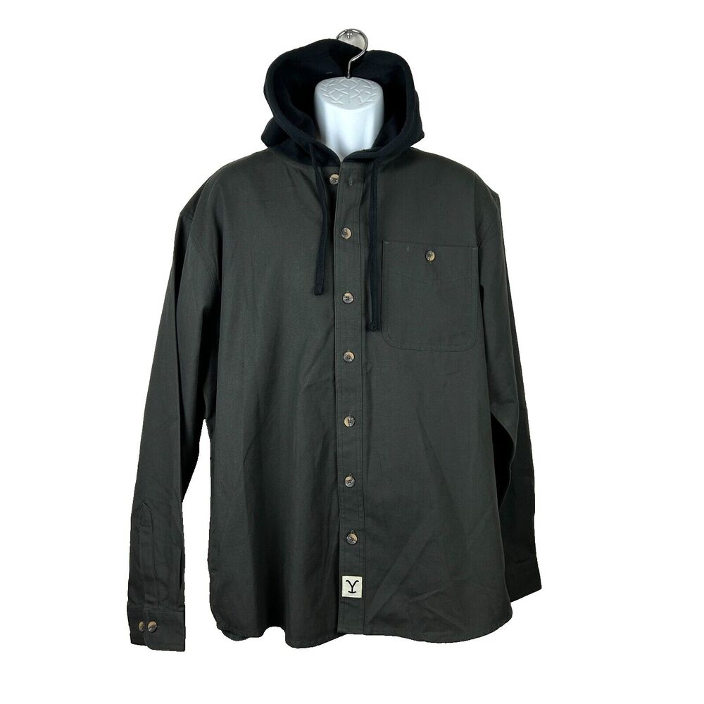 Yellow Stone TV Show Dark Green Chore Shirt Black Fleece Hood Size Large New